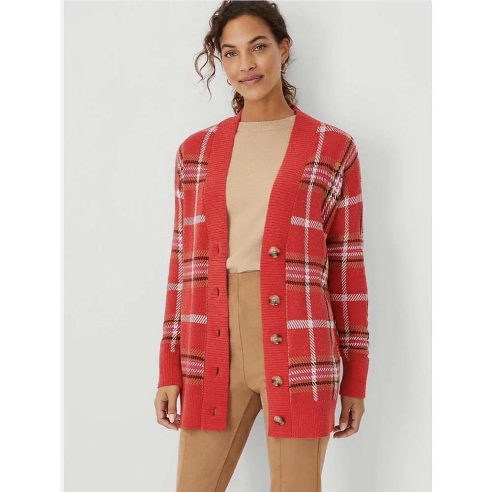 Ann‎ Taylor Red Plaid Button Front Longline Cardigan Sweater Womens Medium NWT